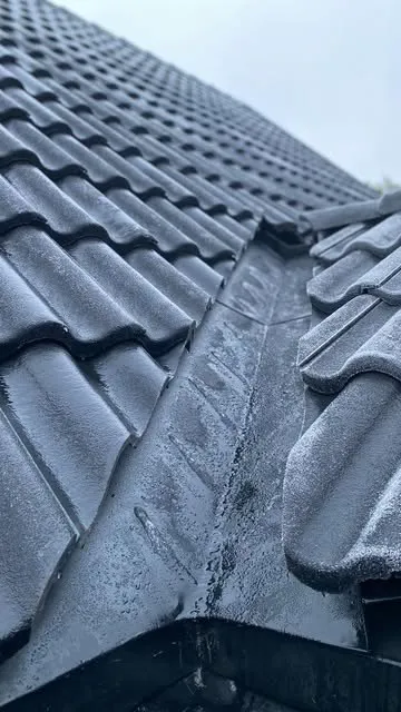 Närbild på regnvåta svarta takpannor och en ränndal i plåt